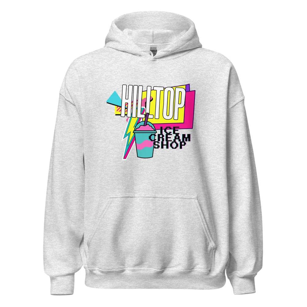 Ash gray Hilltop Ice Cream Shop hoodie with a colorful retro logo